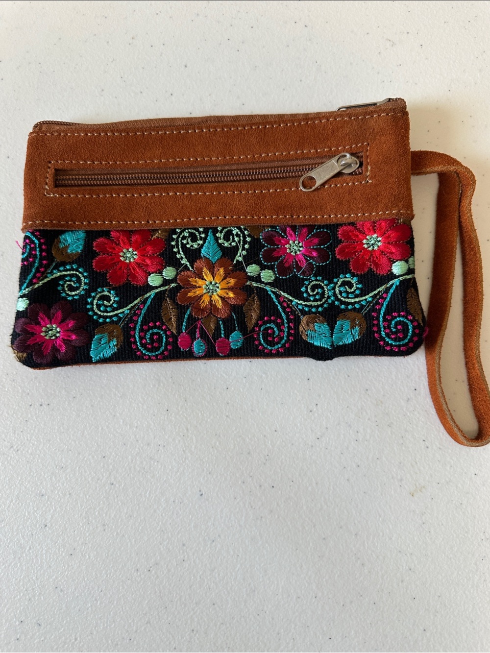 Leather Embroidered Floral Wristlet Clutch in Brown and Black